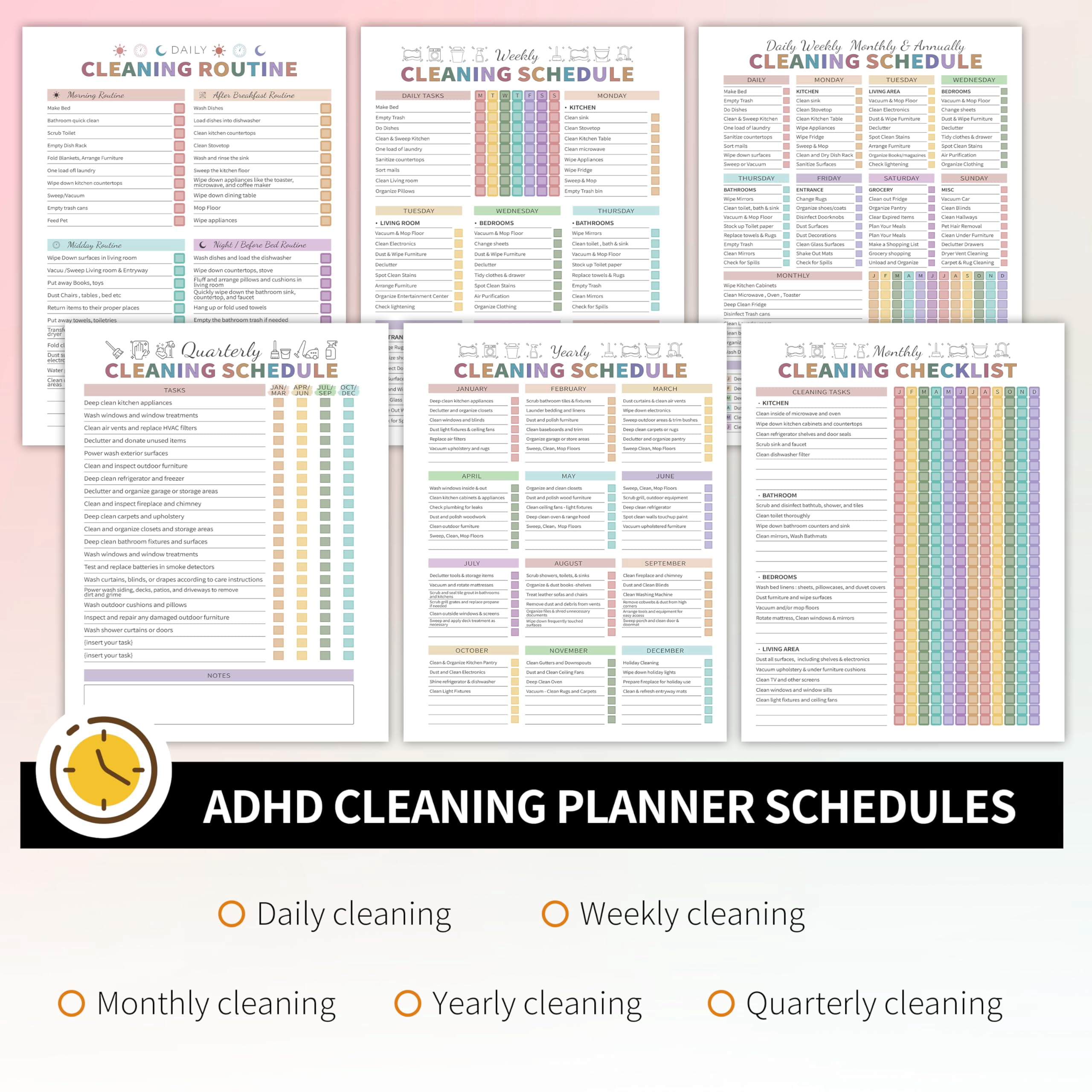 ADHD Cleaning Planner for Adults, Daily Weekly Monthly Organizer, Household Cleaning Schedule Notebook with Checklists, Deep Cleaning Templates, Family Chore Chart, Black