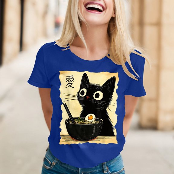 Graphic Tennis Tees for Women Cat Ramen Graphic Tee for Women Funny Anime Cat Tee Featuring Playful Design Comfortable Fit Blue XXL