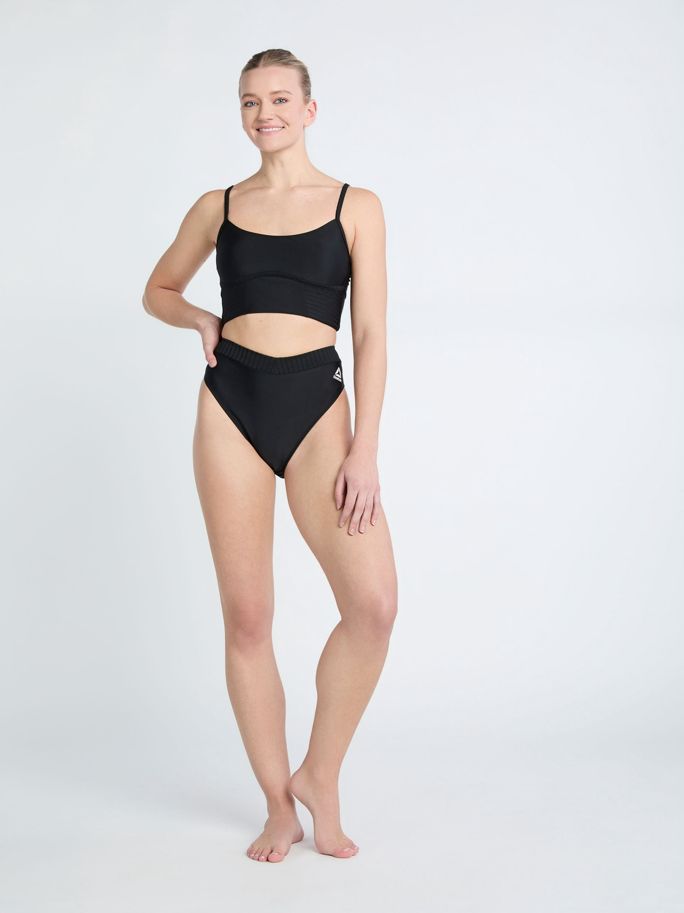 Reebok Women's Swim Spliced Rib Knit Long Line Bralette with Curved Underbust and UPF 50+, Sizes XS-XXL
