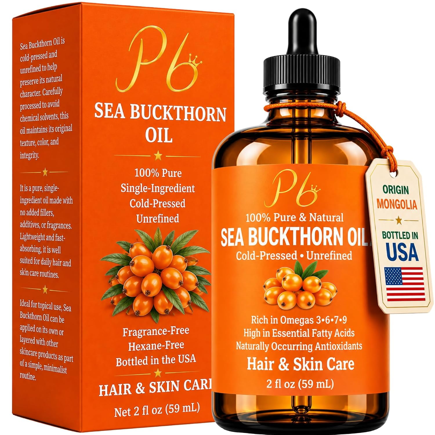 Sea Buckthorn Oil, 100% Pure Cold-Pressed Unrefined, Face, Hair & Scalp Moisturizer, 2 fl oz