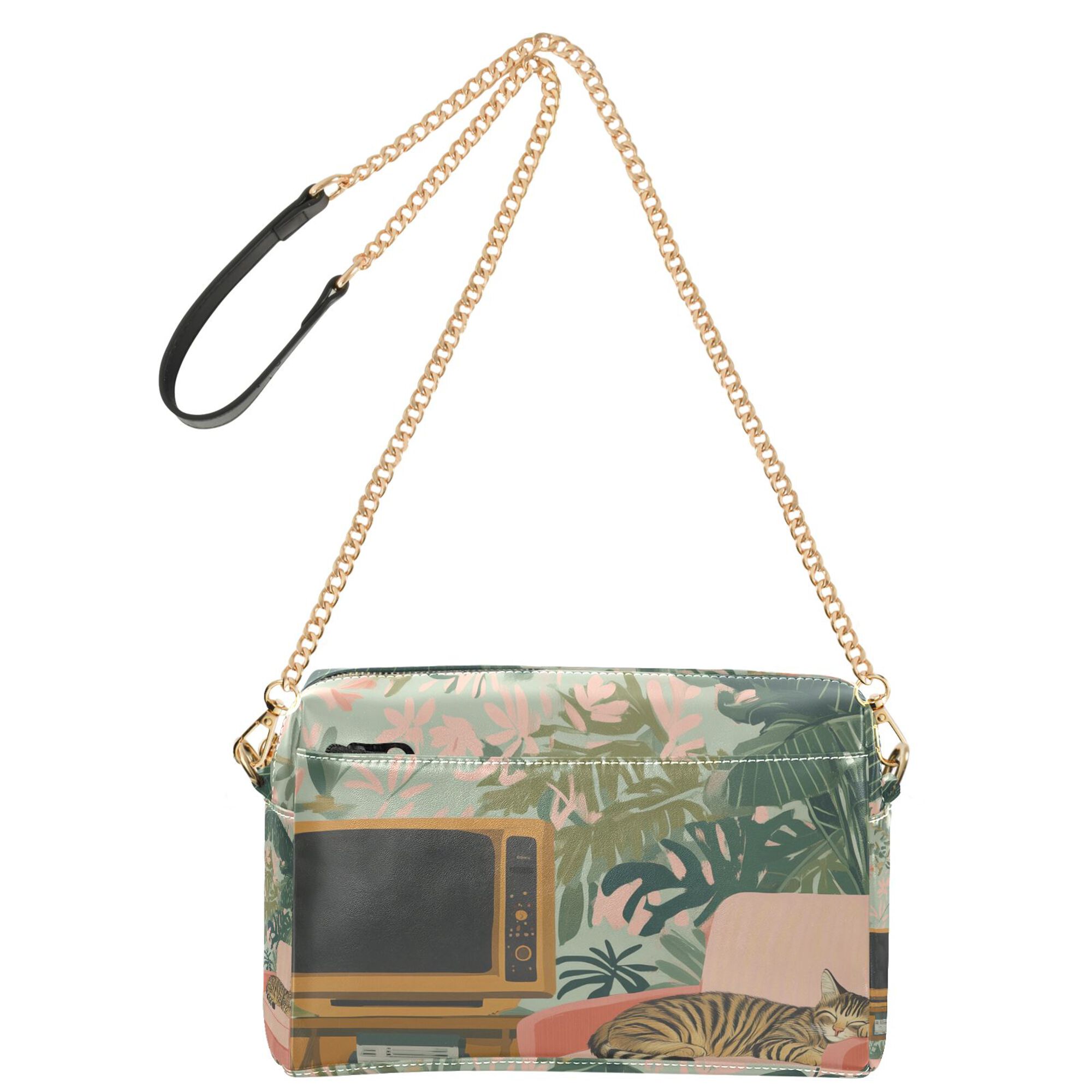 FORMRS Women Crossbody Purse with Chain Strap Vegan Leather Shoulder Handbag, Pink and Green Cat