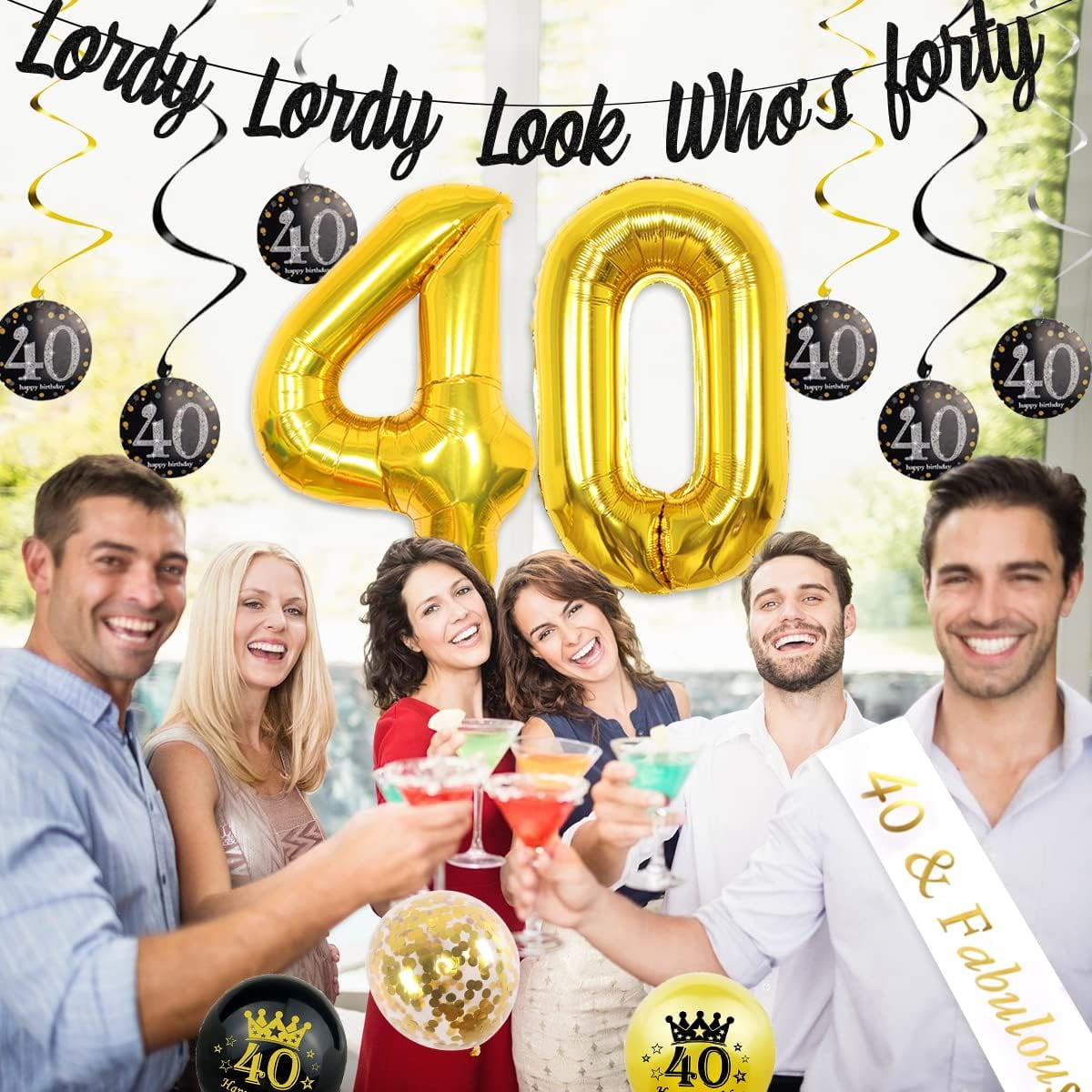 Black Gold 40th Birthday Decorations, Lordy Lordy Look Who's Forty Banner 40 Years Old Men Women Birthday Party Decorations with 40th Birthday Balloons 40 Hanging Swirl 40&Fabulous Birthday Sash