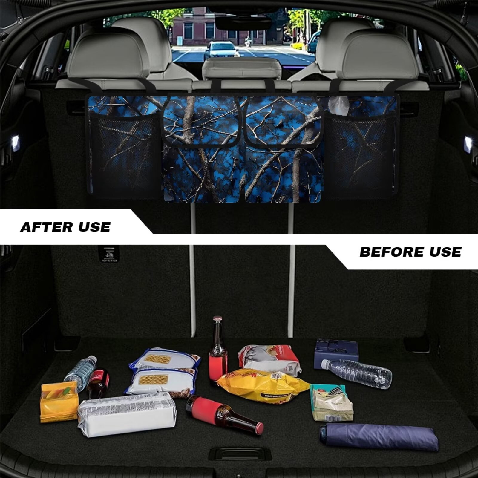 KUIFORTI Car Trunk Organizer, Blue Camo Backseat Hanging Large Storage with Adjustable Straps, Collapsible Cargo Bag, Car Interior Accessories for Auto SUV MPV