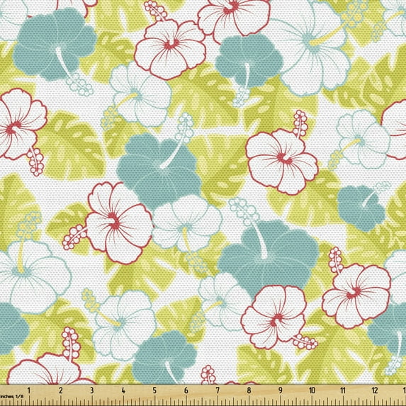 Hawaiian Fabric by the Yard Upholstery, Scene of Hibiscus Flowers and Monstera Leaves, Decorative Fabric for DIY and Home Accents, 1 Yard, Seafoam Apple Green by Ambesonne