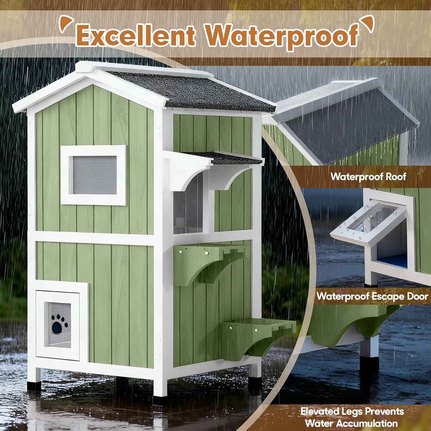 Gowoodhut 2 Story Insulated Outdoor Cat House with Insulated Liner Weatherproof Elevated Outside Cat Shelter,Green