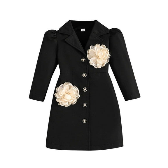 Ulitacool Spring Coats For Girls Long Sleeve Stylish Girls With Floral Embroidery Peplum Lapel Jacket Big Kid Formal Wear And Party Dress Cute Playsuit Black 2-3 Years