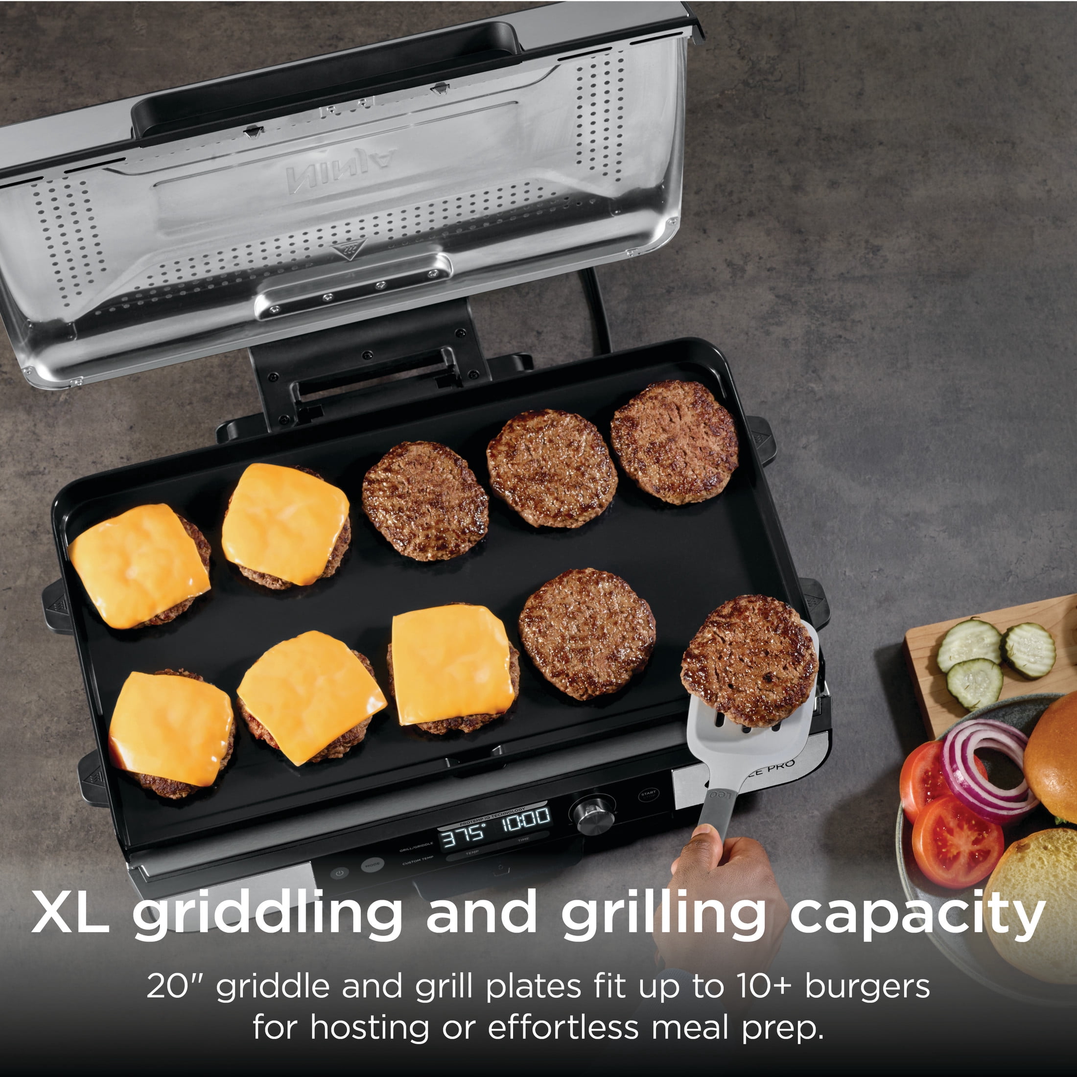 Ninja Sizzle Pro XL 8-Serving Electric Indoor Griddle & Grill, 20-Inch Plates, Edge-to-Edge Heating, GX101, Silver