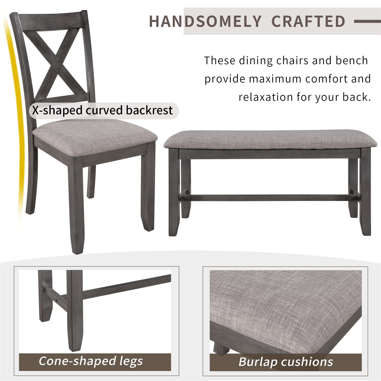 Kadyn 6-Piece Kitchen Dining Table Set Wooden Rectangular Dining Table, 4 Fabric Chairs and Bench Family Furniture (Grey)