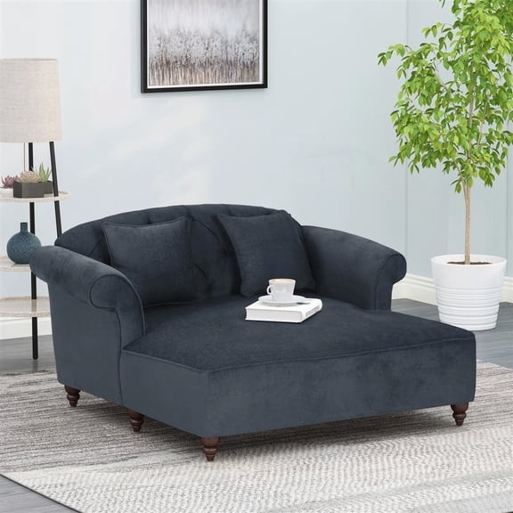 COMFORTABLE LOVESEAT CHAISE LOUNGE HAVING SCROLL ARMS AND BIRCH WOOD LEGS