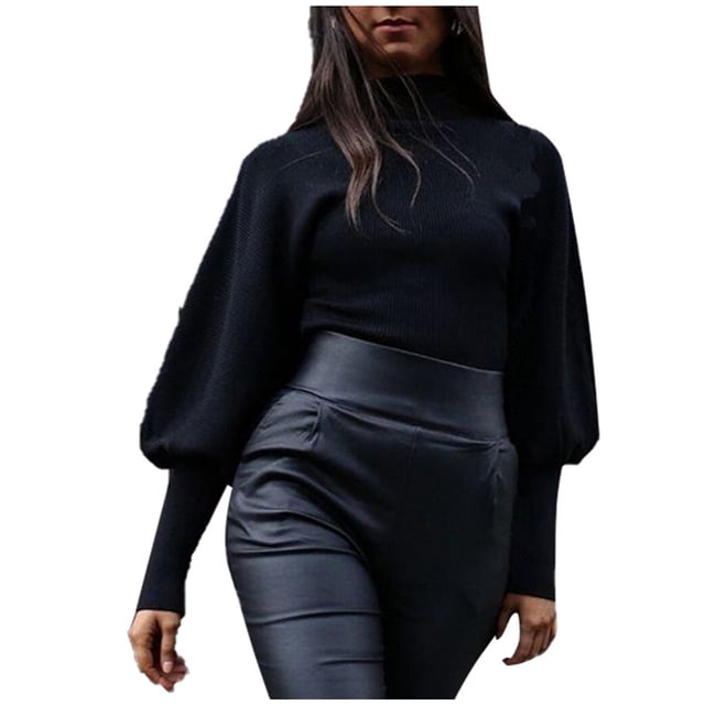WEAIXIMIUNG Mode Femmes Décontracté Uni Col Haut Long Chandail à Manches Lanterne Blouse Tops