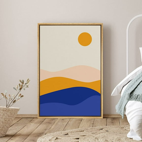 PixonSign Framed Canvas Print Wall Art Wavy Mountains Under Sun Abstract Wildlife Illustrations Modern Art Rustic Scenic Colorful Multicolor Boho Decor for Living Room, Bedroom - 16"x24" Natural