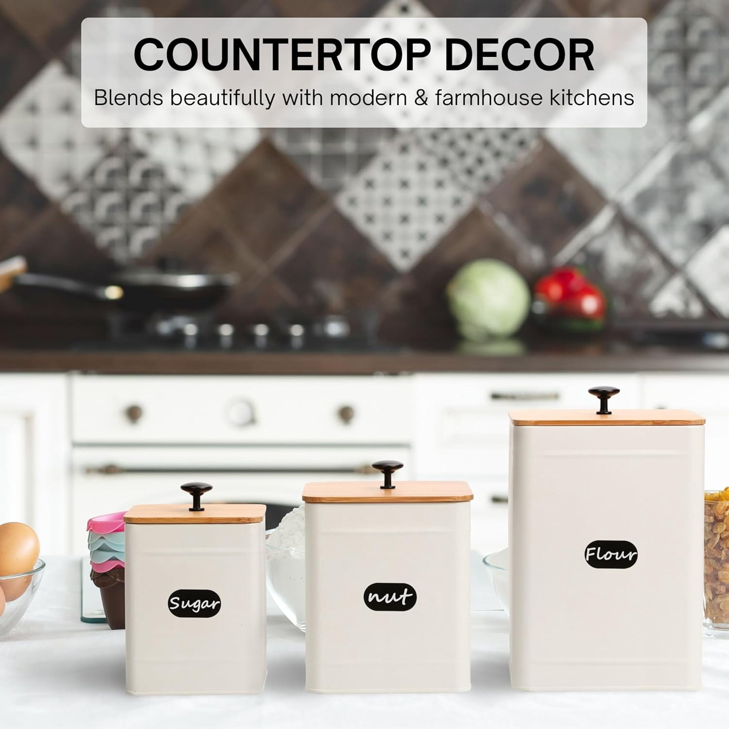 Perfnique Kitchen Canisters for Countertop Set of 3, Airtight Canisters Sets for the Kitchen Counter with Lid, Metal Farmhouse Food Storage Containers Jars for Flour Sugar Coffee Tea Spice (White)