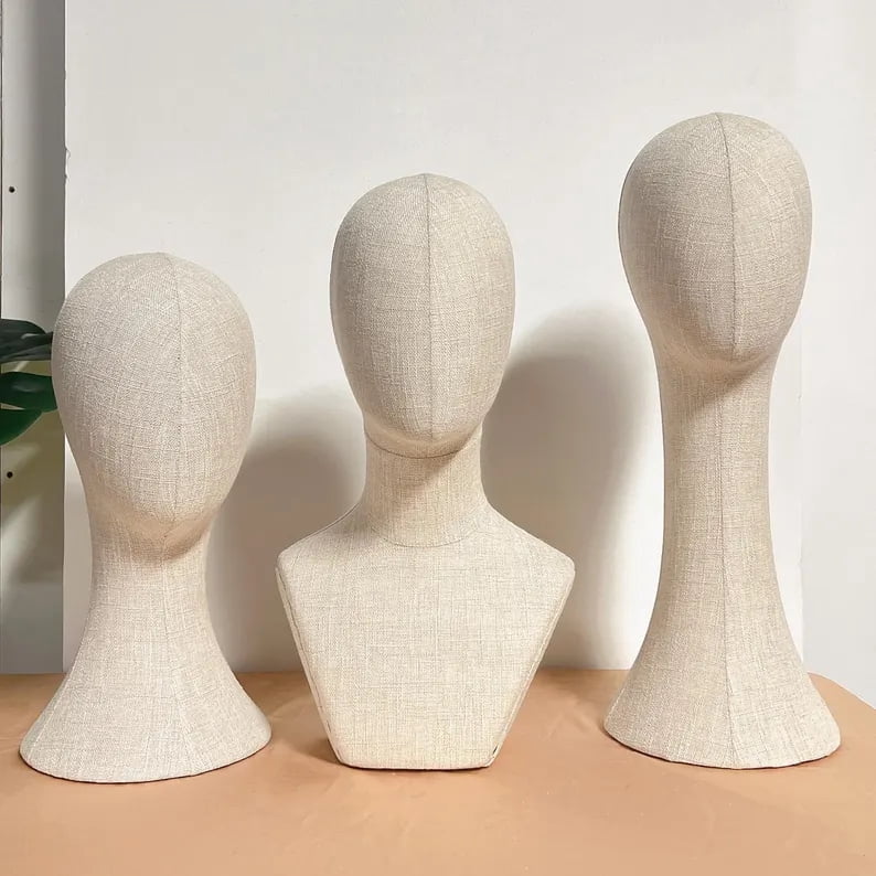 DE-LANG Bamboo Linen Mannequin Head with Long Neck, Pinnable Display for Hats, Wigs, Scarves & Jewelry