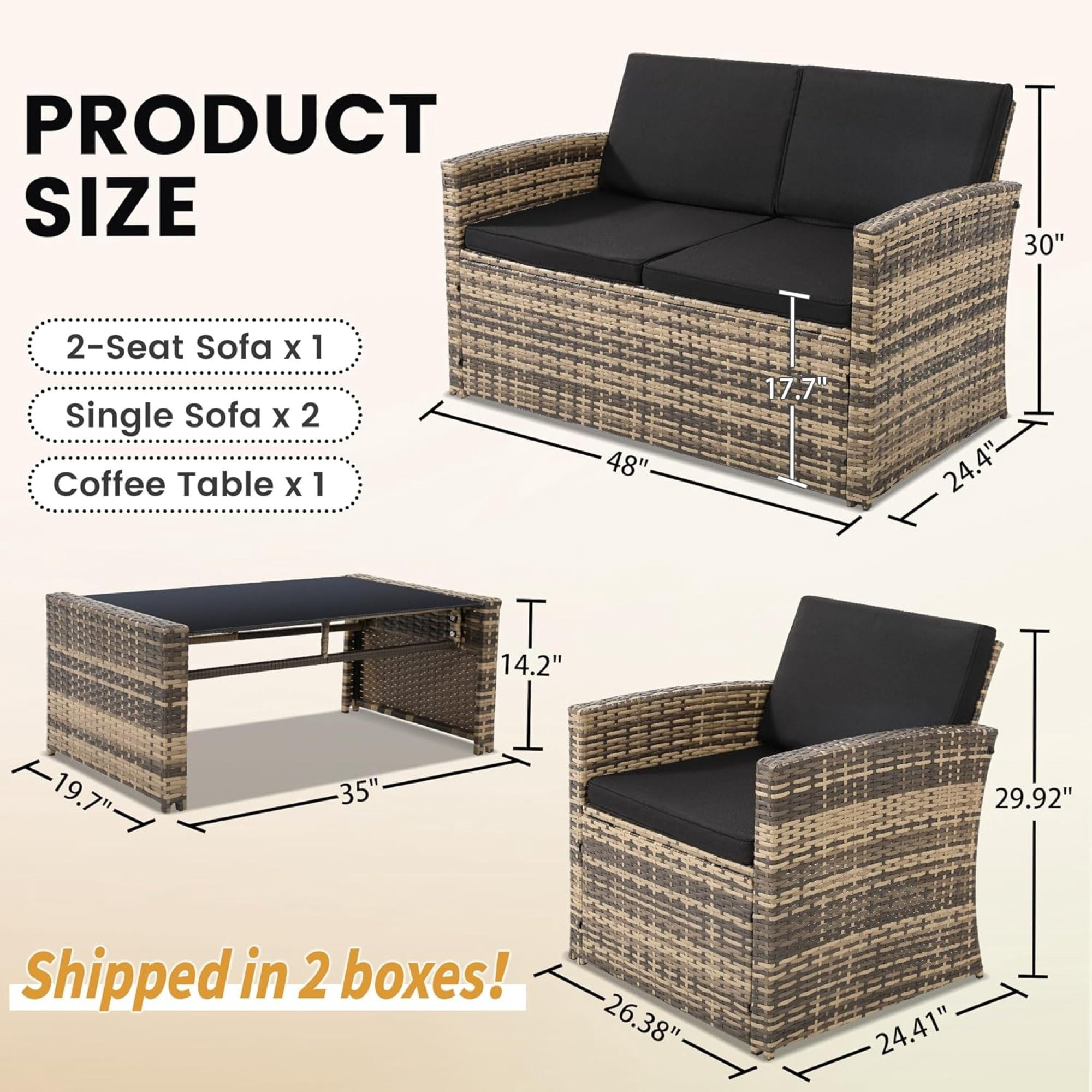 4-Piece Patio Furniture Set, Wicker Outdoor Rattan Sectional Sofa with Cushions and Glass Coffee Table, All-Weather Outdoor Conversation Set for Garden, Porch, Backyard