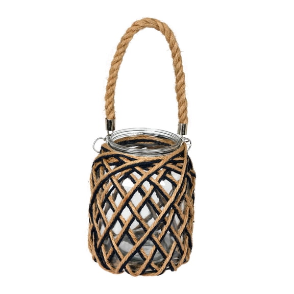 Vickerman 8.5" Glass Jar in Woven Jute Handle. It features a combination of natural and black jute rope woven in a diamond pattern. It featues a natural tone jute handle for easy hanging. It measures