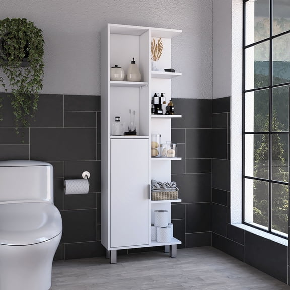 63" High Bathroom Linen Cabinet - 7 Open Shelves For Towels And Linens Modern White Storage Solution 63-inch Tall