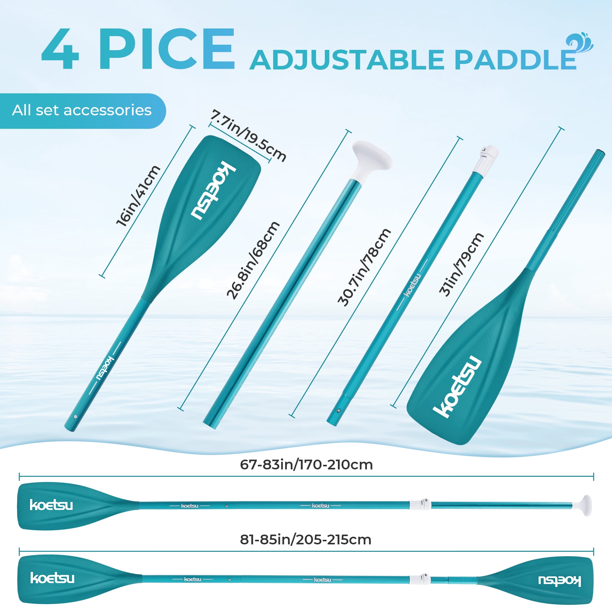 Kayak Paddle,KOETSU 2-in-1 Aluminum Alloy Boat Paddle Oars, Adjustable Canoe Board Paddles SUP Paddle Detachable 4 Piece, 85in,Green