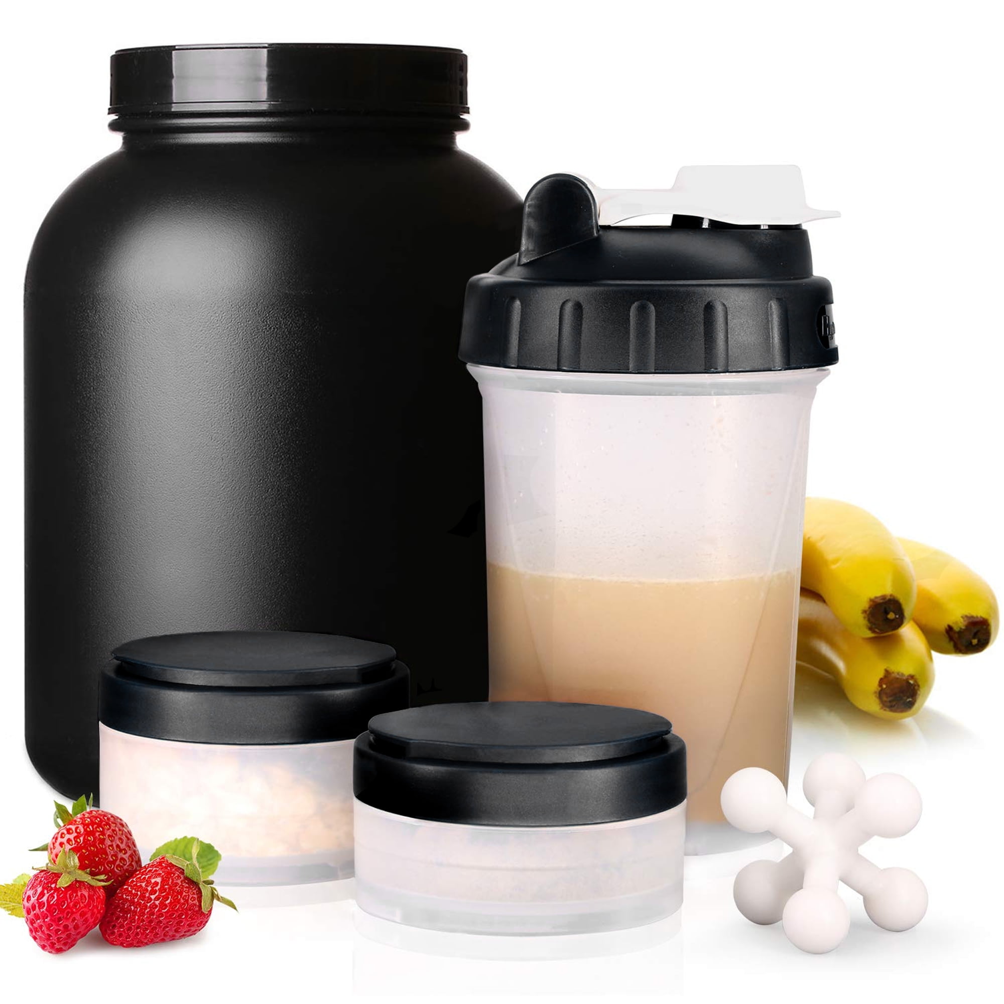 16 OZ Protein Shaker Bottle with Mixer Ball and 2 Interlocking Storage Jars  for Pills,Protein,Snacks, Coffee, Tea. 100% BPA Free,Non Toxic and Leak  Proof Sports Bottle-Black 