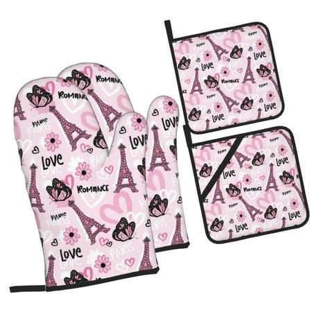 

Balery Eiffel Tower and Butterflies Pattern Oven Mitts and Pot Holders 4 pcs Set Kitchen Oven Glove High Heat Resistant 500℉ Oven Mitts with Non-Slip Silicone Surface