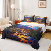 Homewish Watercolor Glass Aesthetic Twin Sheet Sets,Mountain Pine Pattern Twin Fitted Sheet,Colorful Natural Scenery Flat Sheet For Adults,Breathable Home Decor,3-Piece