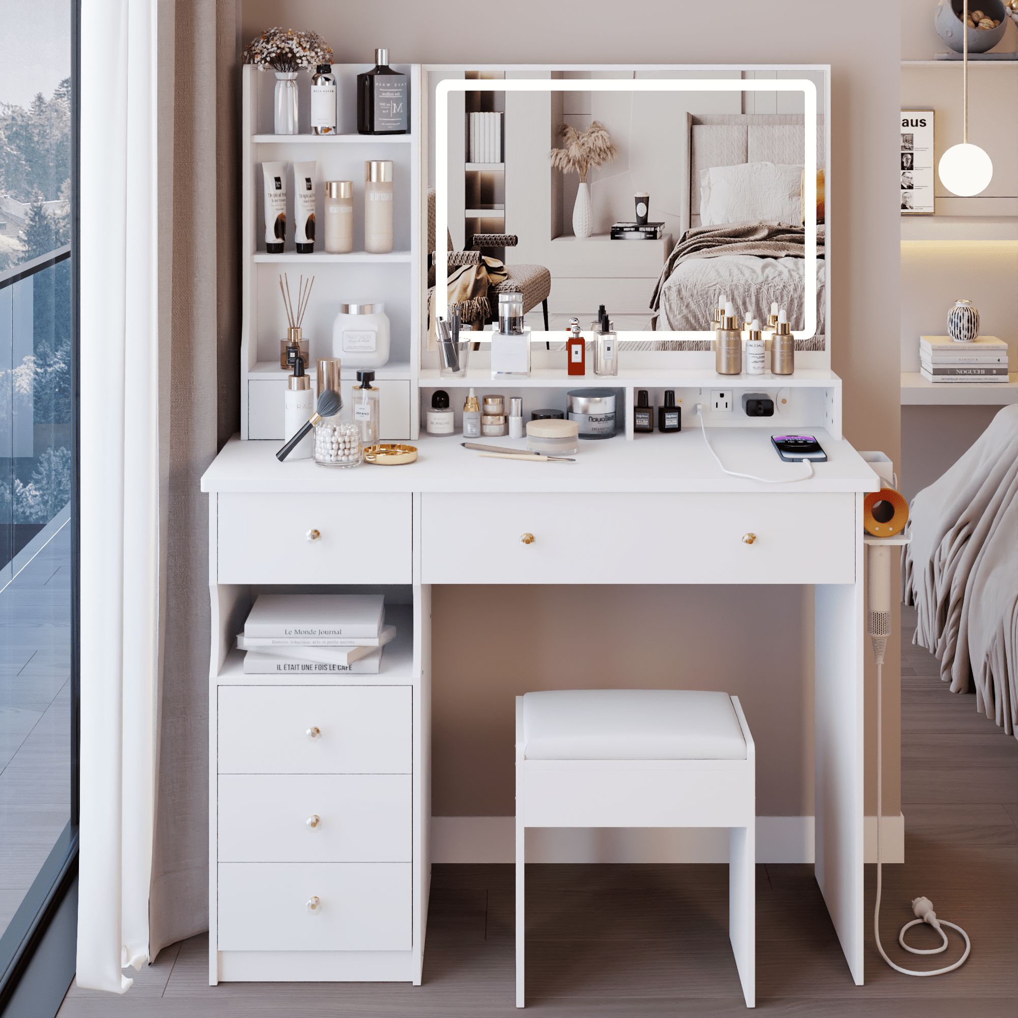 Euroco 41" Large Size Left Drawer Desktop Vanity Table+Cushioned Stool Dresser Set, 2 AC+2 USB Power Station, Hair Dryer Stand, Extra Large Touch Control LED Mirror