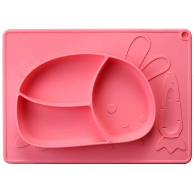 Tonwhar Rabbit - Plato de silicona con mantel individual integrado para niños pequeños - Alfombrilla de alimentación dividida de 3 rejillas sin BPA para niños pequeños, niños, bebés y bebés (azul púrpura)
