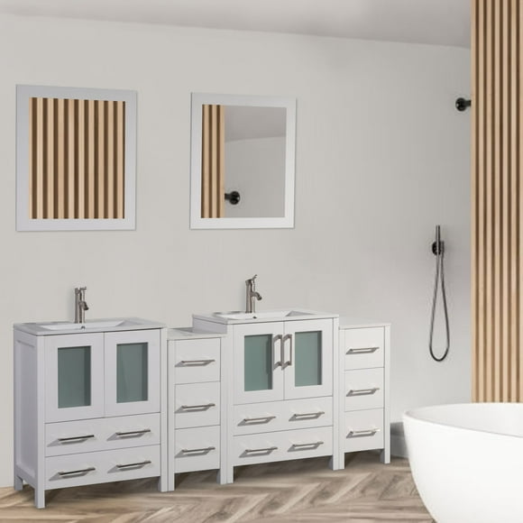Vanity Art 72 in. W Double Sink Bathroom Vanity with Ceramic Top and Free Mirrors