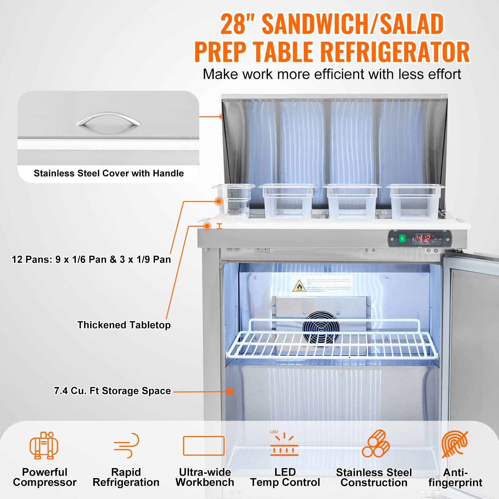KFFKFF 28" Professional Cold Storage Unit & Salad Preparation Table, 7.4 Cubic Feet Stainless Steel Chilled Food Preparation Station with 12 Containers, Cutting Board, Defrosting Fridge with Lock