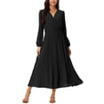 thumbnail image 2 of INSPIRE CHIC Women's Pleated Dress Puff Long Sleeve V Neck Belt Waist Dress S Black, 2 of 7