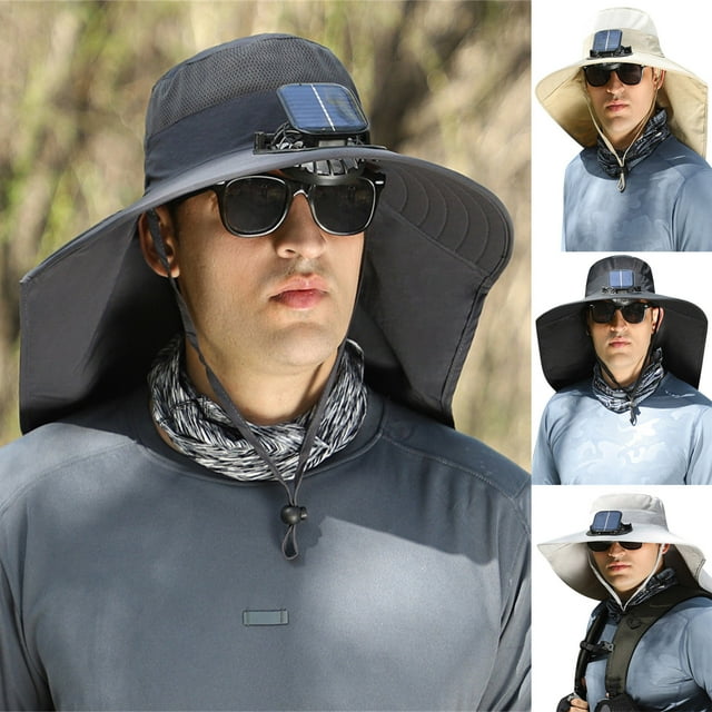 Sombrero grande con protector de cuello, estilo pescador, recargable con energía solar, ventilador, para aventuras al aire libre, protección de verano, ala ancha, protección UPF, equipo de viaje.