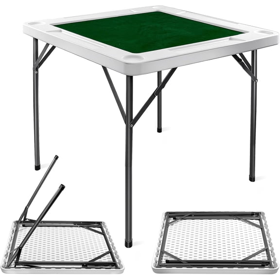 Jacgood Card Table 35.4" Square Folding with Green Felt, Chip Trays and Cup Holders, Portable Mahjong Domino Table for 4 Players