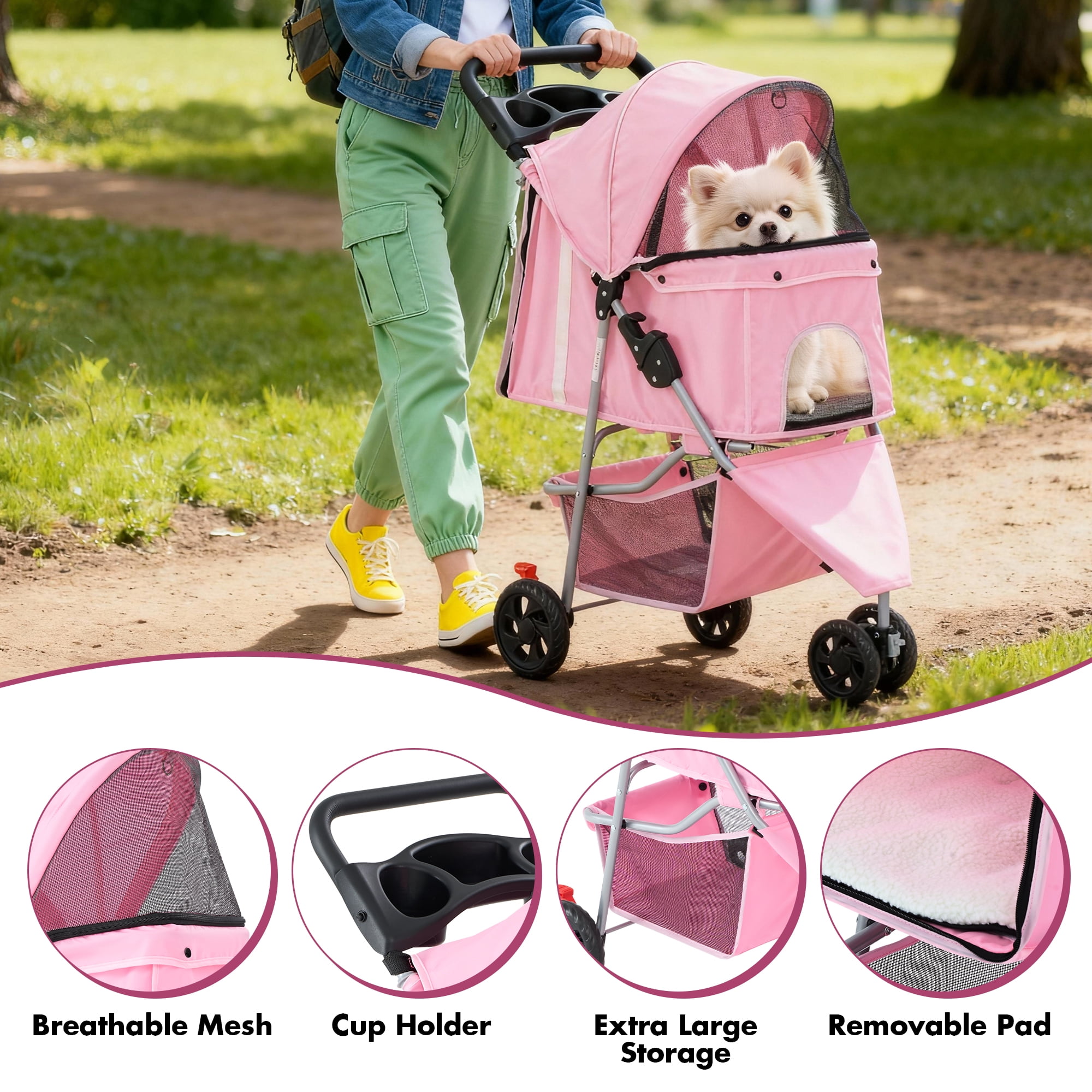 Gianna 3-Wheel Pet Stroller for Dogs, Jogging Stroller with Breathable Mesh Window, Large Storage Basket and Cup Holder