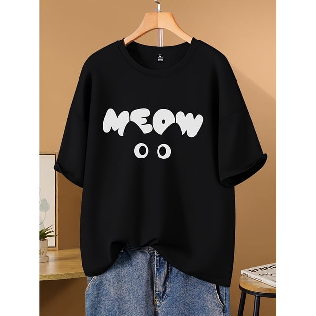 Kids' "Meow" Graphic Black T-Shirt - Casual Summer Short Sleeve Top for Boys and Girls, White Half-Sleeve Loose Fit with Cute Cat Design, Summer Clothing | Playful Design | Cotton Fabri