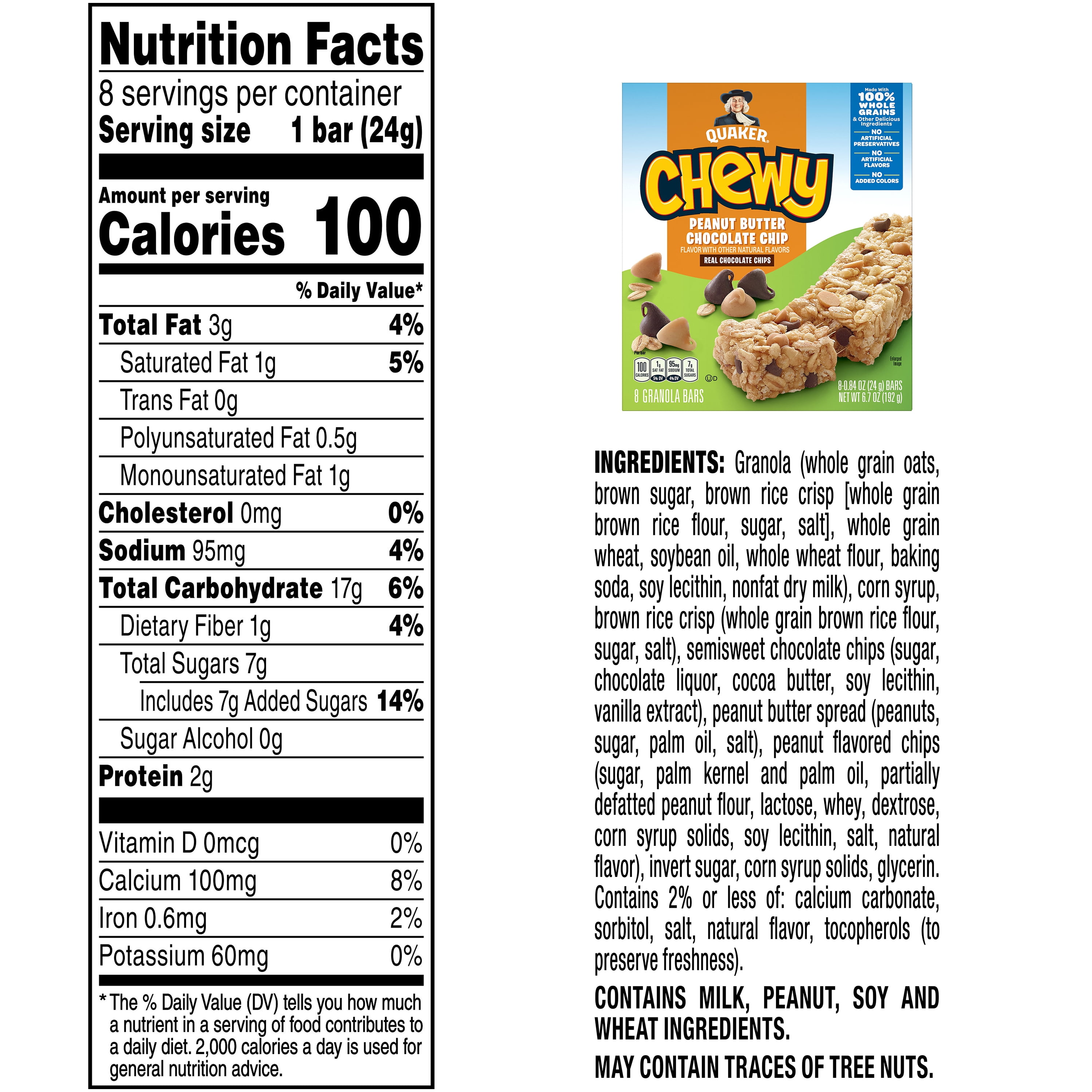 (4 pack) Quaker Chewy Peanut Butter Chocolate Chip Granola Bars, 6.7 oz, 8 Count