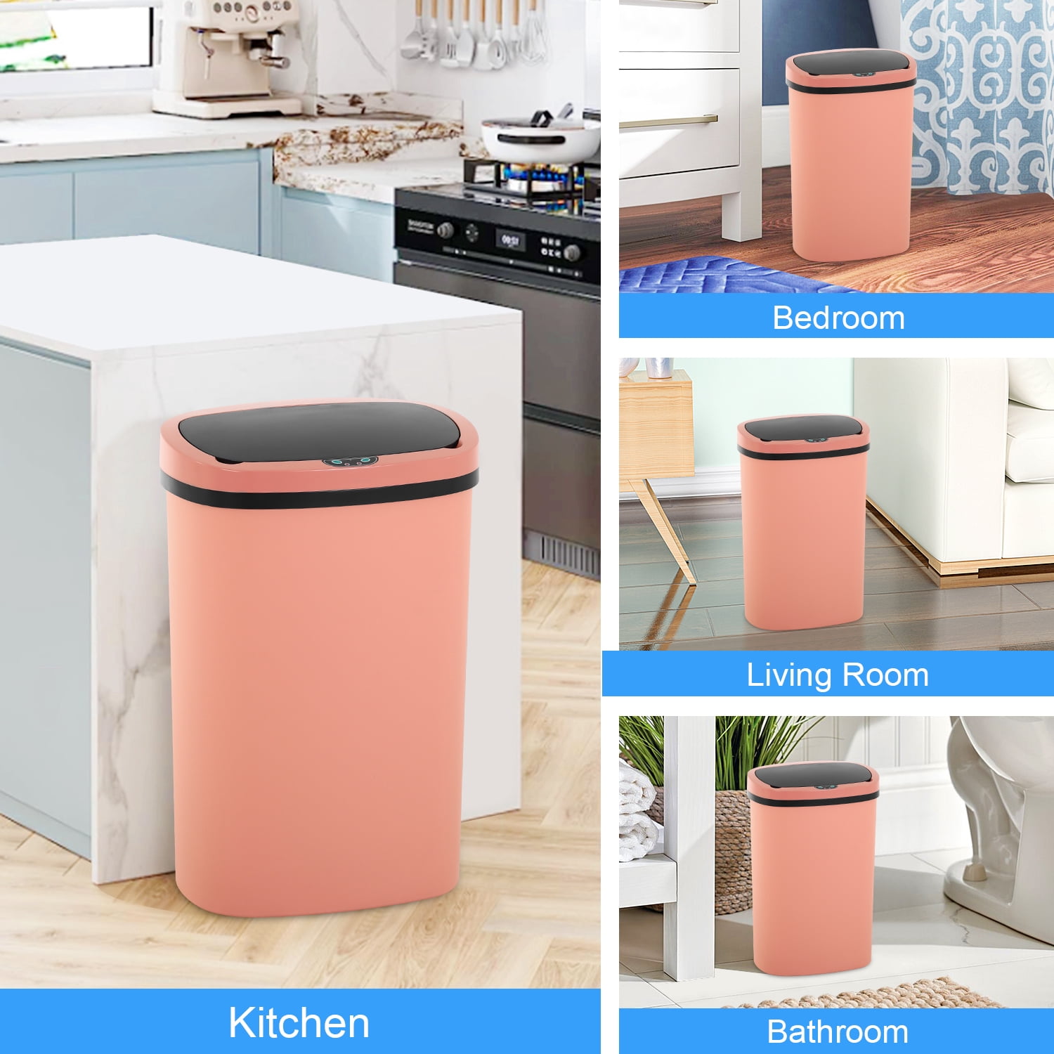Automatic Trash Can for Kitchen, 13 Gallon Trash Can with Lid Plastic Garbage Can Waste Bin with Motion Sensor for Bedroom, Bathroom, Office, Living Room (Pink)