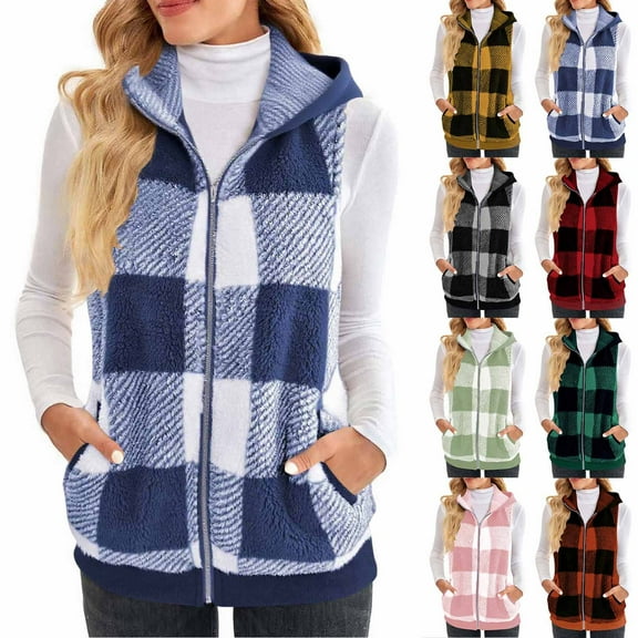 LWITHSZG Womens Fleece Vest Fall Winter Fashion Sleeveless Plaid Jacket Soft Comfy Warm Casual Outerwear Zip up Hoodie with Pockets Size M