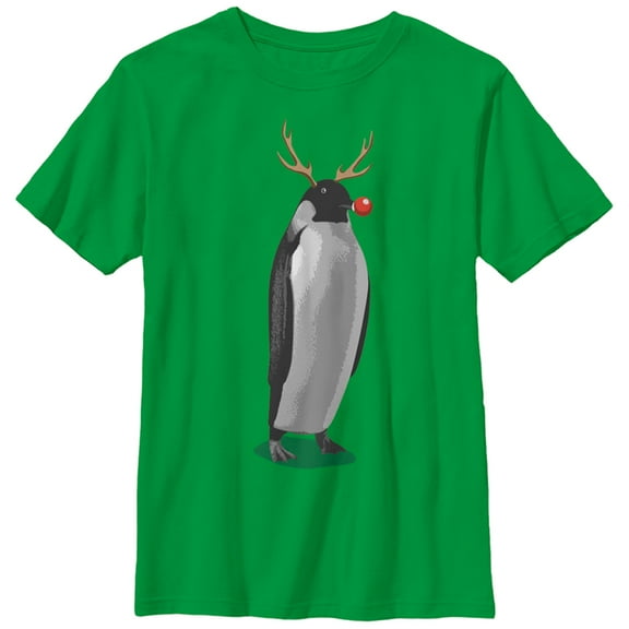 Boy's Lost Gods Christmas Penguin Reindeer  Graphic Tee Kelly Green Large
