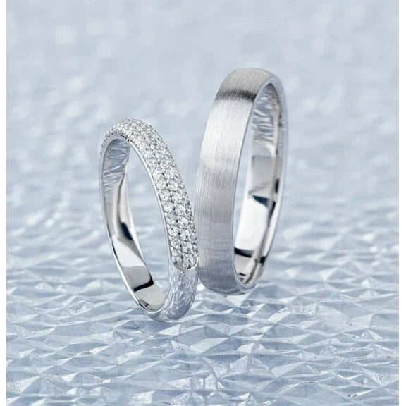 2.00CT Round Cut Simulated Diamond Bridal Set Cluster Pave Set Couple Band Wedding Ring Set 14K White Gold Plated 925 Silver