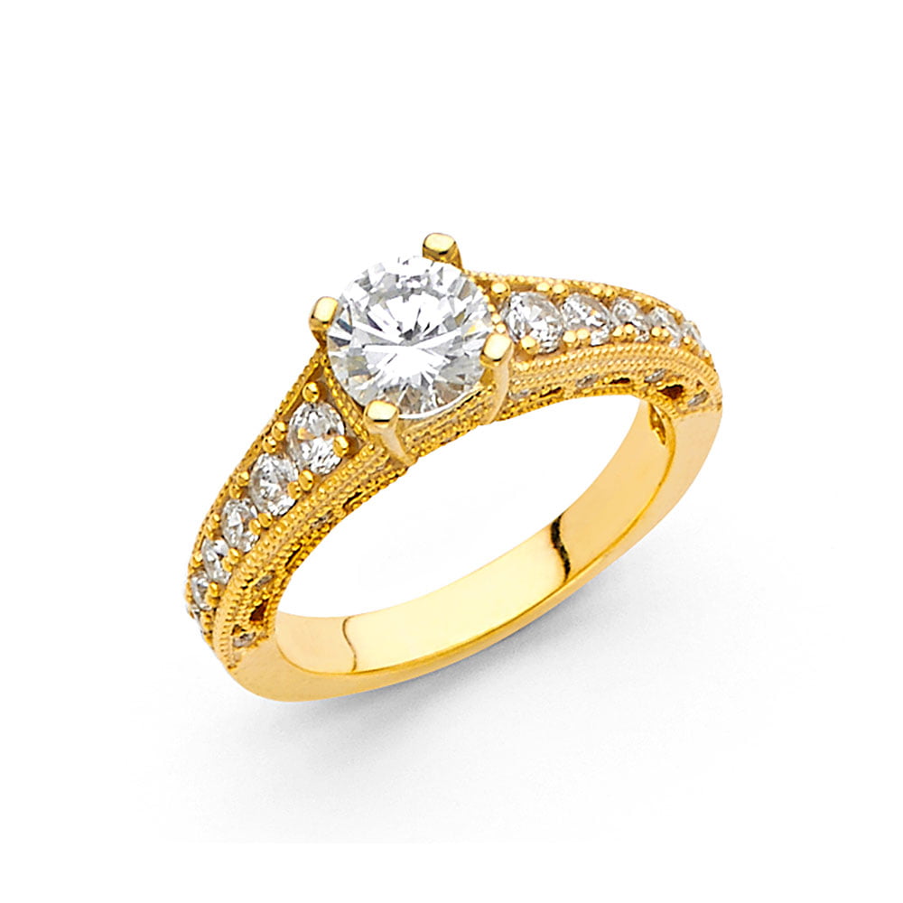 Solitaire CZ Vintage Style Engagement Ring 14k Yellow OR White Gold Anniversary Round CZ Band Side Stone