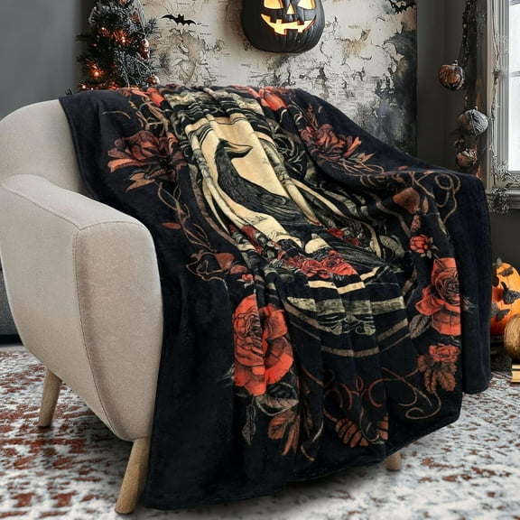 Halloween Goth Throw Blanket 50x60 Inch Gothic Crow Blankets Soft Lightweight Cozy Plush Blanket for Halloween Decor Gifts