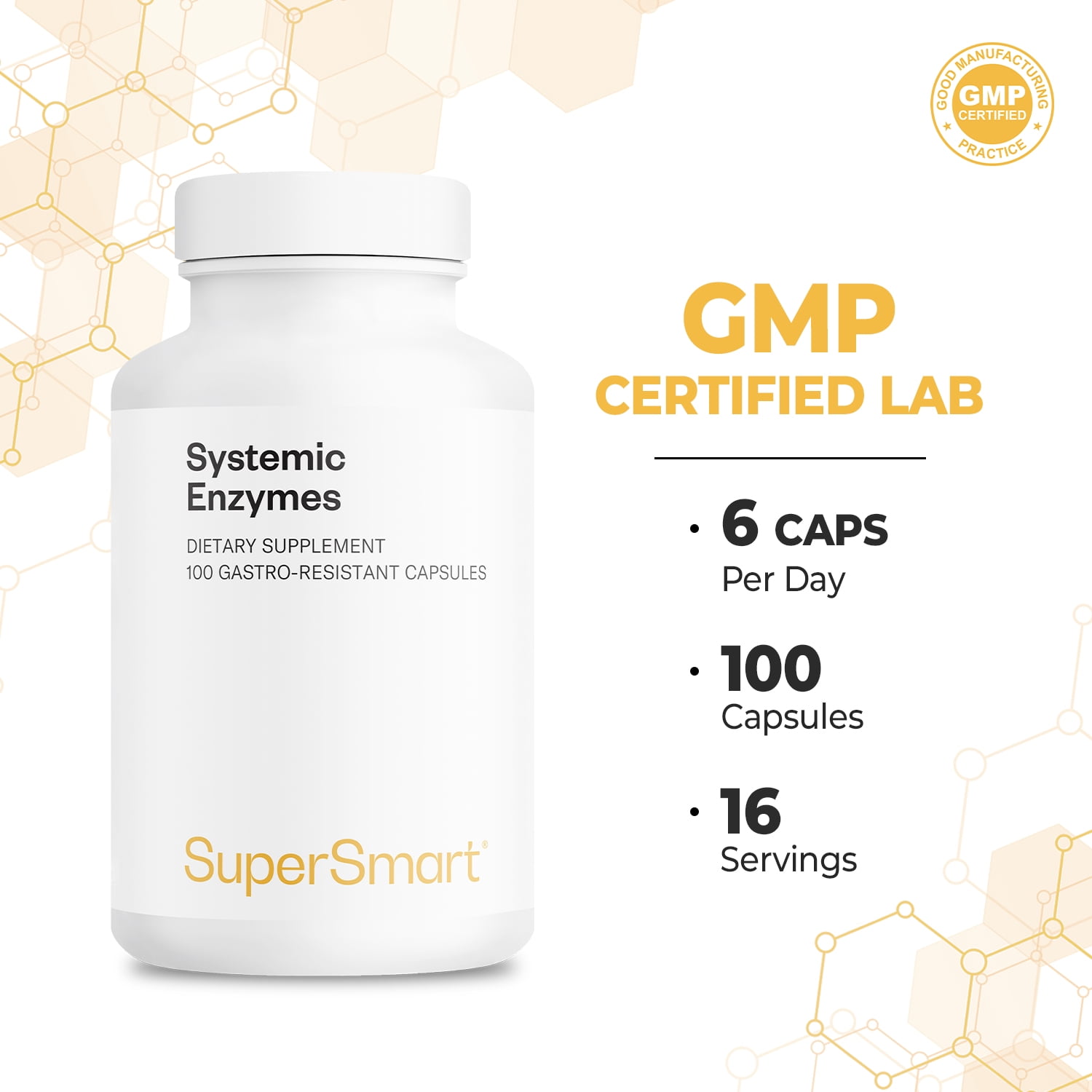 SuperSmart Systemic Enzymes (High Potency) - with Bromelain, Protease, Lipase, Trypsin, Chymotrypsin, Peptidase, Pancreatin - Proteolytic Enzymes Complex | Non-GMO & Gluten Free - 100 DR Capsules