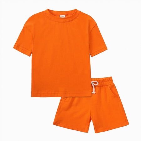 Xudanell Baby Girl Outfit Solid Color Crewneck Top with Cargo Shorts Lightweight Sports 2 Pieces Sets Orange 12-13 Years