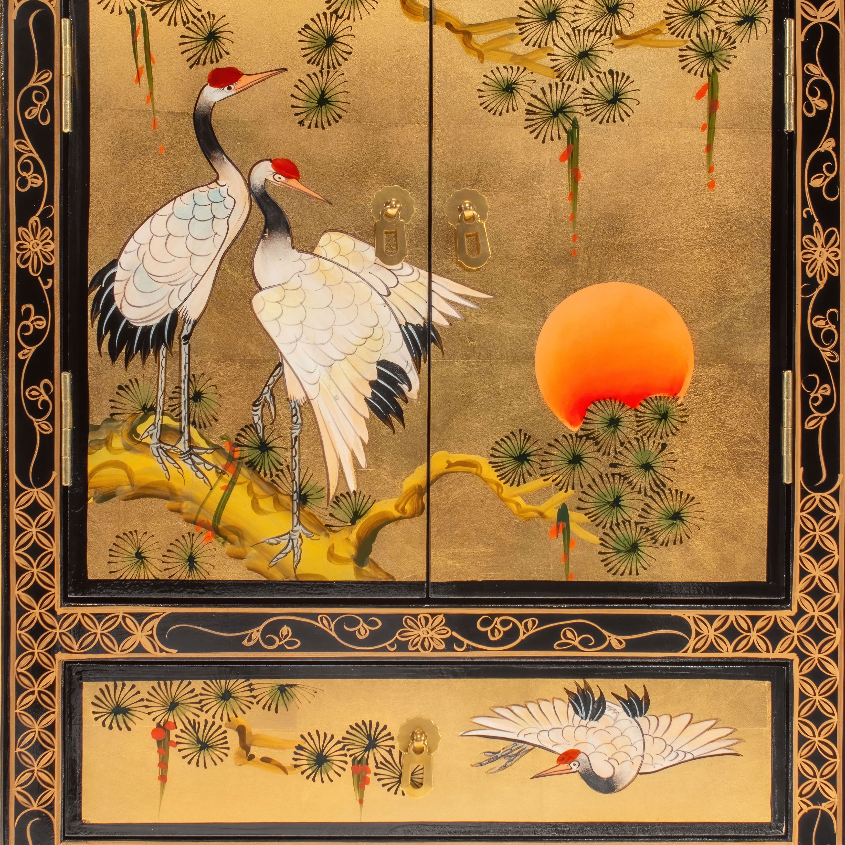 Oriental Furniture Gold Lacquer Corner Cabinet - Cranes