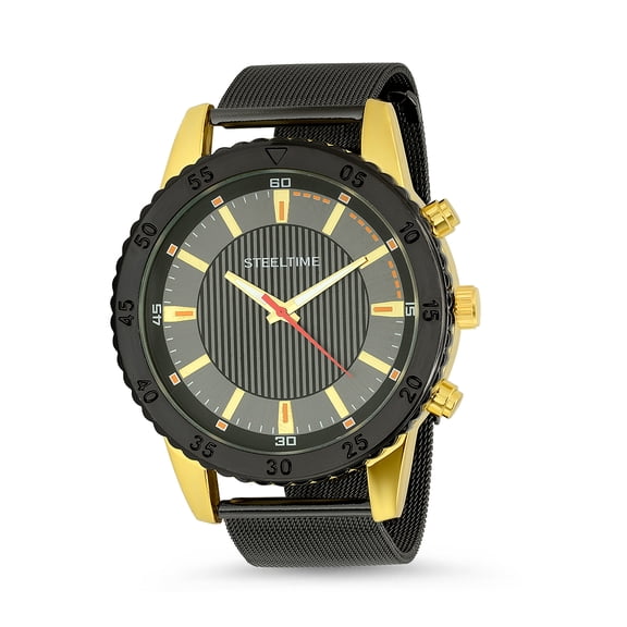 Steeltime Men's Black & Gold Alloy Watch with Stainless Steel Mesh Watch Band