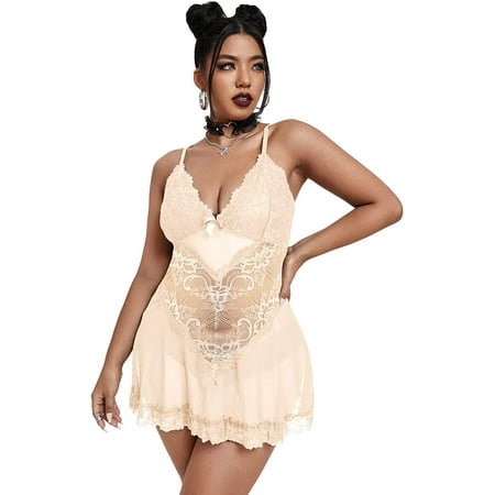 

ZWJHBFGRAASD Women s Plus Size Floral Lace Mesh Babydoll Lingerie Chemise with Thong