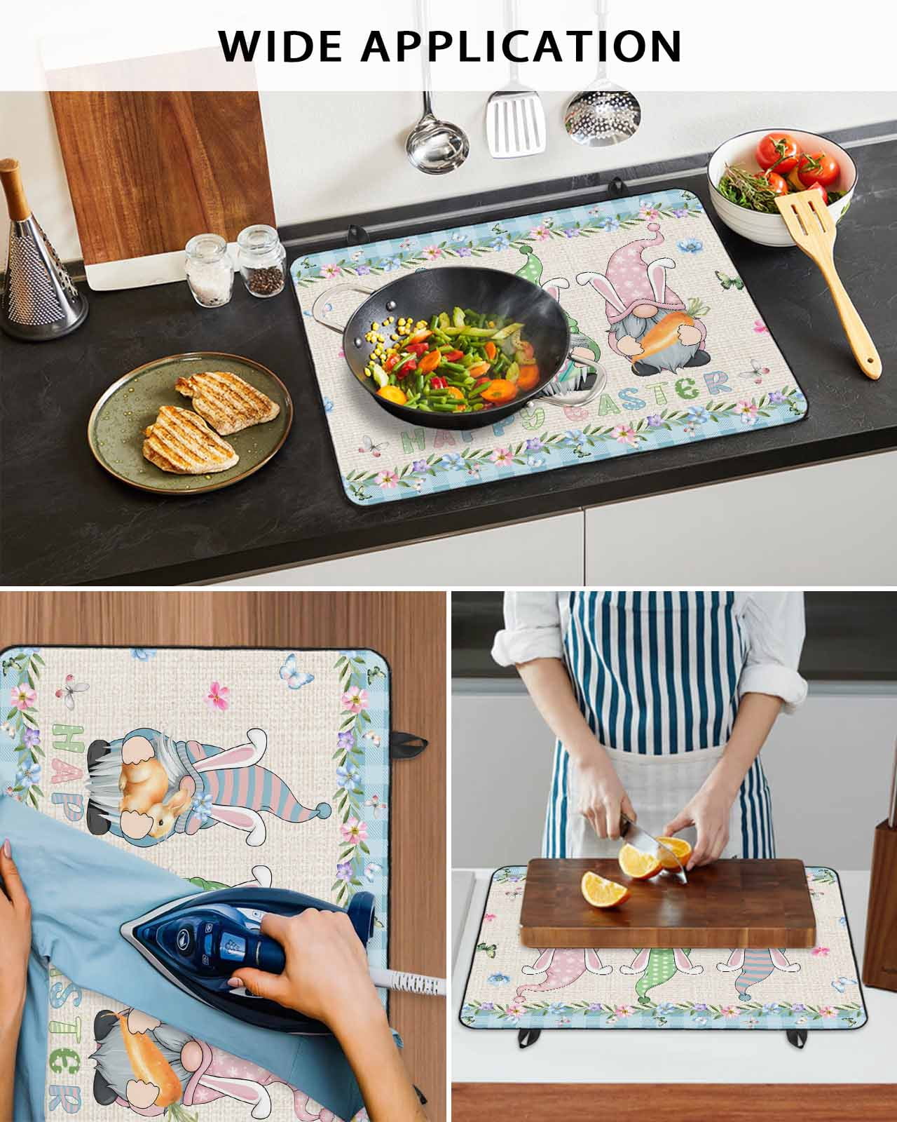 Large Induction Cooktop Protector Mat Easter Stove Top Covers for Electric Stove, Spring Gnomes Flowers Rabbit Eggs Blue Check Decorative Stove Burner Cover Mats, Glass Top Stove Cover