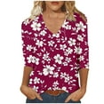 thumbnail image 2 of Sakmal Casual Tops for Women Red 3/4 Sleeve Floral V-Neck T-Shirts Shirts for Women, 2 of 5