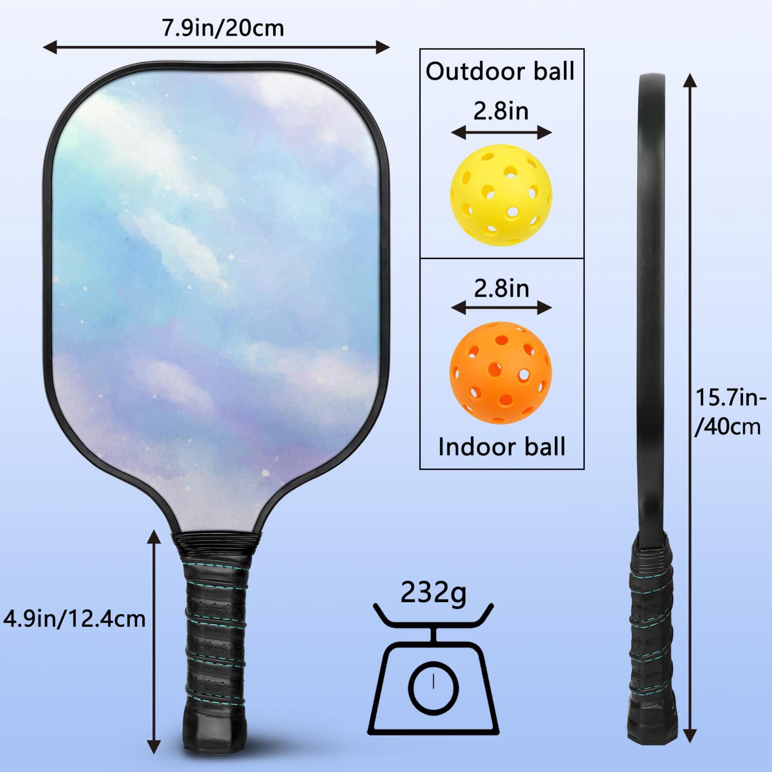 Pickleball Paddles Set Of 1, Fiberglass Surface, Dreamy Cloud Print, 1 Paddle, 2 Balls & Bag