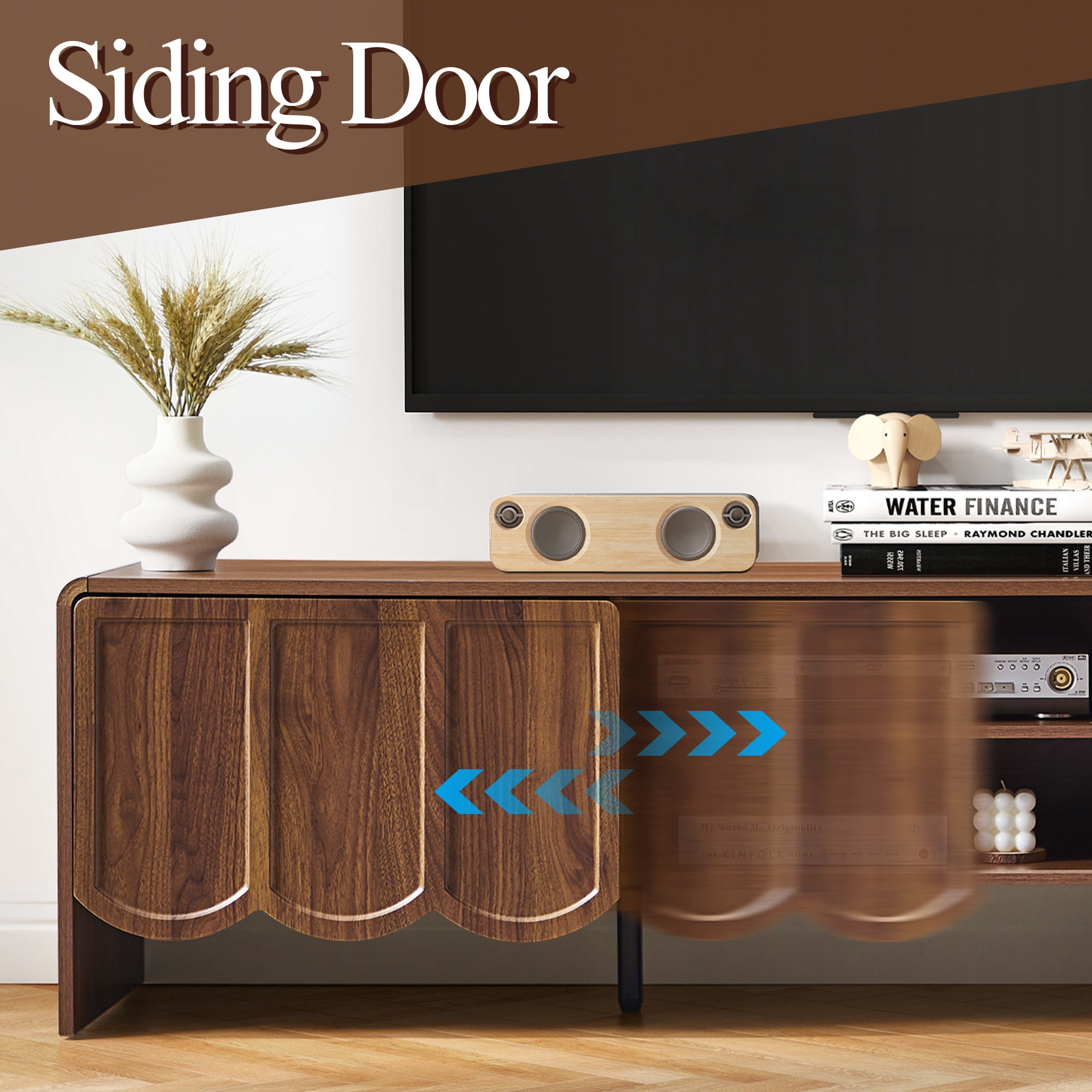 YOCWO TV Stands for 65 inch tv, TV Stand with Sliding Wave Doors, Wood Entertainment Center for TVs, Media Console Cabinet with Open Storage for Living Room, Walnut