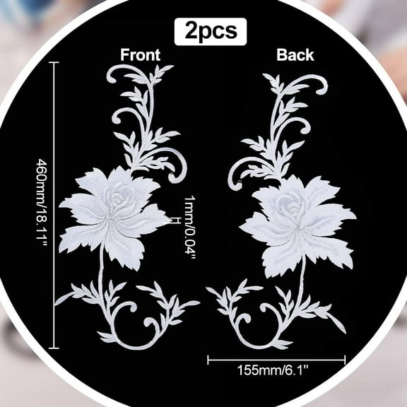Embroidery Peony Flowers Patches 18.1x6.1 Inch White Peony Flowers Iron on Patches Big Peony Sew on Patches DIY Embroidered Appliques for Clothes Decoration Repair Sewing Craft